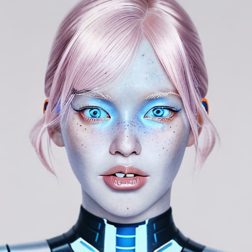  a nordic looking female android, extremely and , with a old appearance. , with s, pink hair, blue eyes, freckles, , sticking out her tongue.