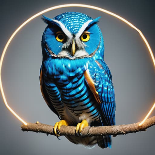  A blue owl with a gold circle and the word owl on it. hyperrealistic, full body, detailed clothing, highly detailed, cinematic lighting, stunningly beautiful, intricate, sharp focus, f/1. 8, 85mm, (centered image composition), (professionally color graded), ((bright soft diffused light)), volumetric fog, trending on instagram, trending on tumblr, HDR 4K, 8K