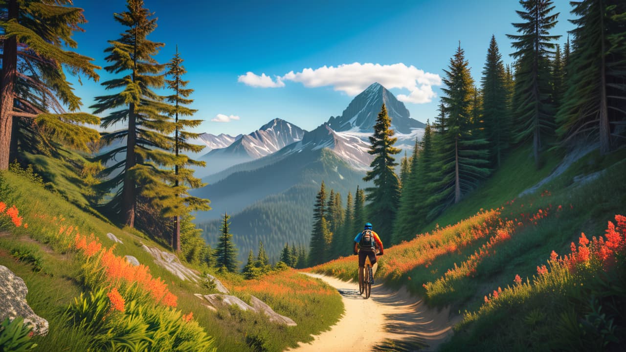  a breathtaking mountain landscape with rugged trails winding through dense pine forests, vibrant wildflowers, and a clear blue sky. a lone mountain biker navigates a steep, rocky path, with majestic peaks in the background. hyperrealistic, full body, detailed clothing, highly detailed, cinematic lighting, stunningly beautiful, intricate, sharp focus, f/1. 8, 85mm, (centered image composition), (professionally color graded), ((bright soft diffused light)), volumetric fog, trending on instagram, trending on tumblr, HDR 4K, 8K