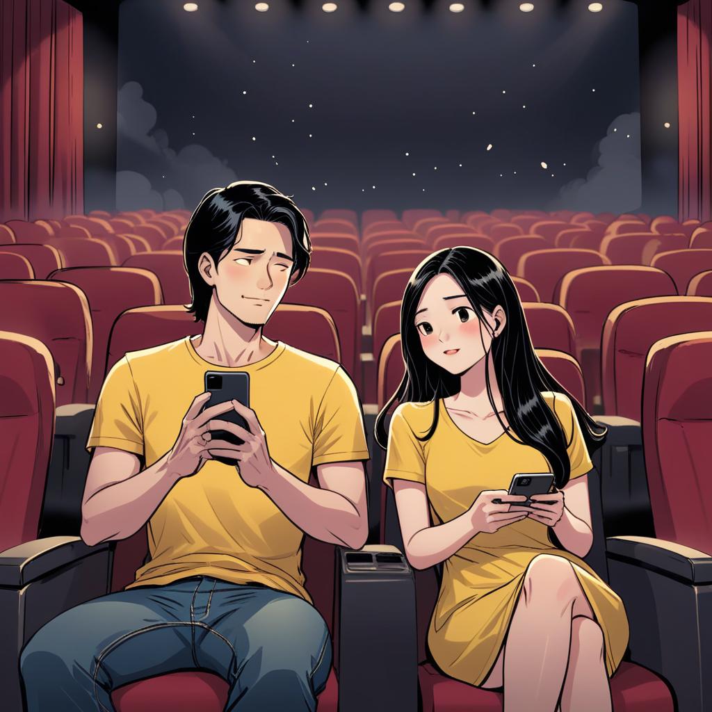  manga artwork a couple of asian lovers are in a movie theater. the man has black short hair, wearing yellow t shirt, dark jeans and looking at an iphone. the woman has black long hair, wearing 2 string dress and enjoying the movie. the style of the image is very simple comic style. the images should be very very simple illustration. manga artist. manga, highly emotional. best quality, high resolution