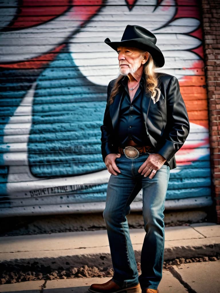  Singer Willie Nelson, medium shot, upper body, spotlight, long exposure lighting, street art style spray paint, glamour lighting