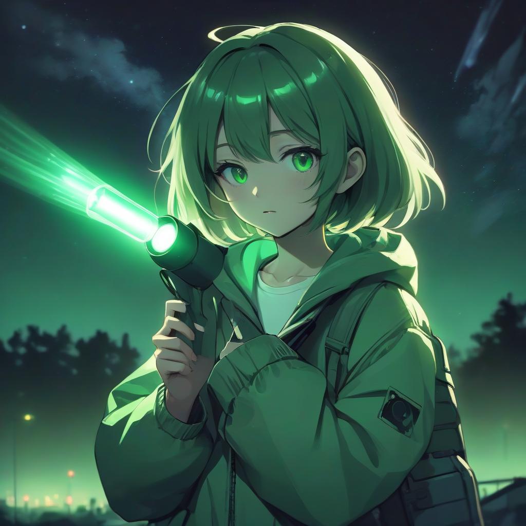  girl in anime style in a green jacket with a flashlight in her hands, green color, night, bright light, ufo in the sky