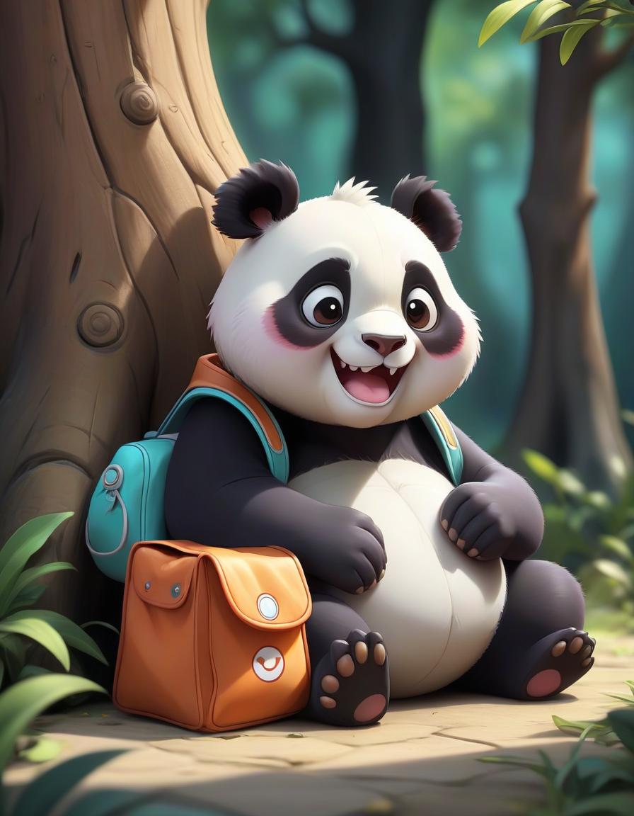  pokémon style the cartoon panda smiles, hugs one bag and sits down next to the trunk. . vibrant, cute, anime, fantasy, reminiscent of pokémon series