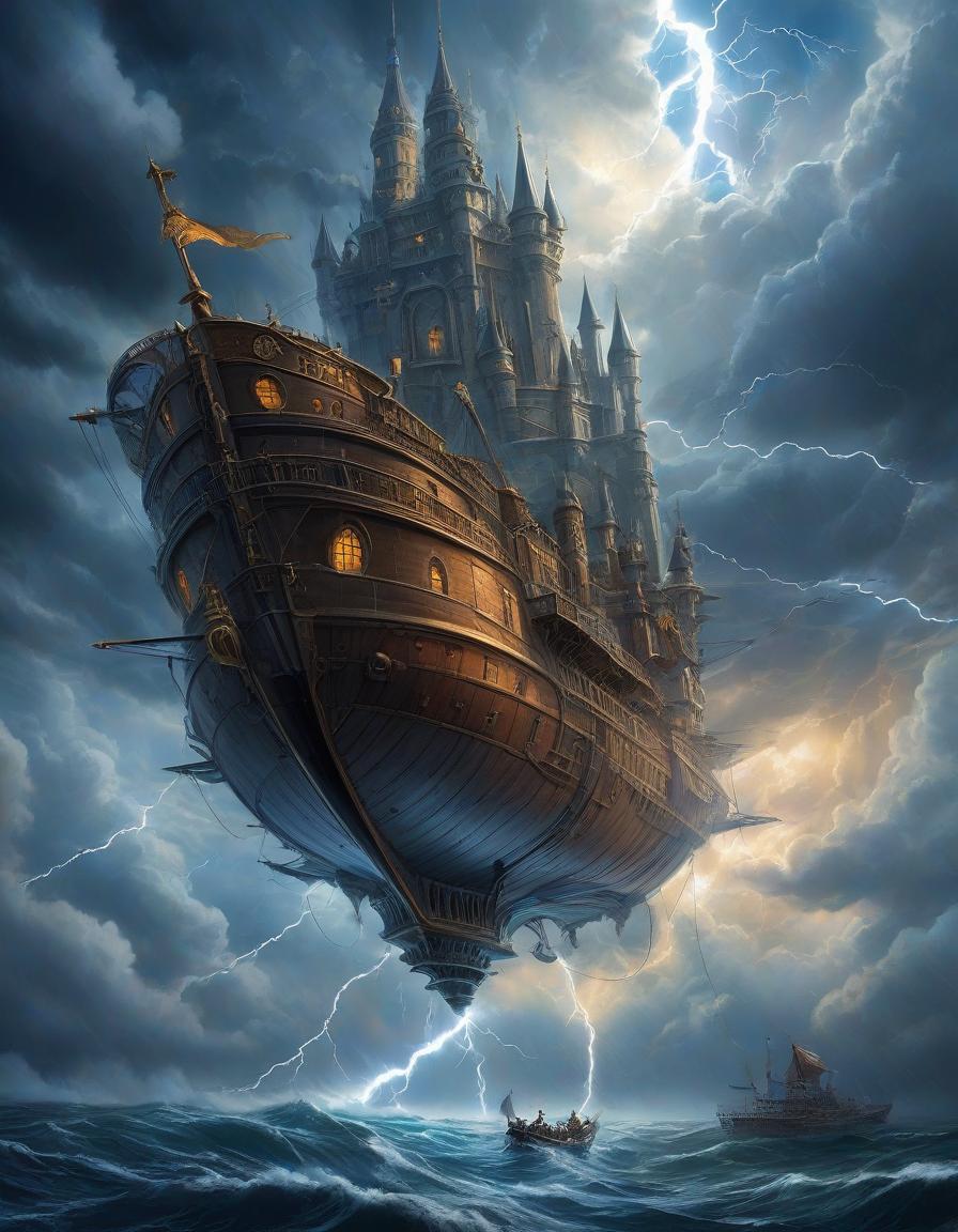  a ((flying)) steampunk ship, view from below, a gothic castle is built on the deck, michael cheval style, surrealism, against the background of clouds and lightning, dramatic plot, fantasy, ultra detailed, weird geometrya flying steampunk ship, view from below, a gothic castle is built on the deck, wojtek sudmak style, surrealism, against the background of clouds and lightning, dramatic plot, fantasy, ultra detailed