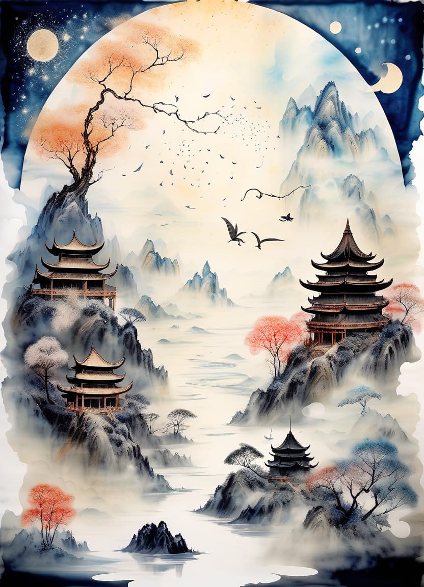  ethereal fantasy concept art of asia on rice paper, wabi sabi, ink, watercolor, high contrast, . magnificent, celestial, ethereal, painterly, epic, majestic, magical, fantasy art, cover art, dreamy