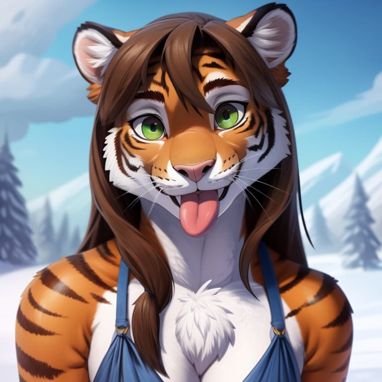  (by cobaltsnow:1.5), felid mammal pantherine tiger blep blush brown_hair chest_tuft clothing female front_view fur green_eyes hair long_hair looking_at_viewer multicolored_body multicolored_fur orange_body orange_fur outside smile solo striped_body striped_fur stripes tongue tongue_out tuft white_body white_fur, open eyes, masterpiece, 4k, fine details,