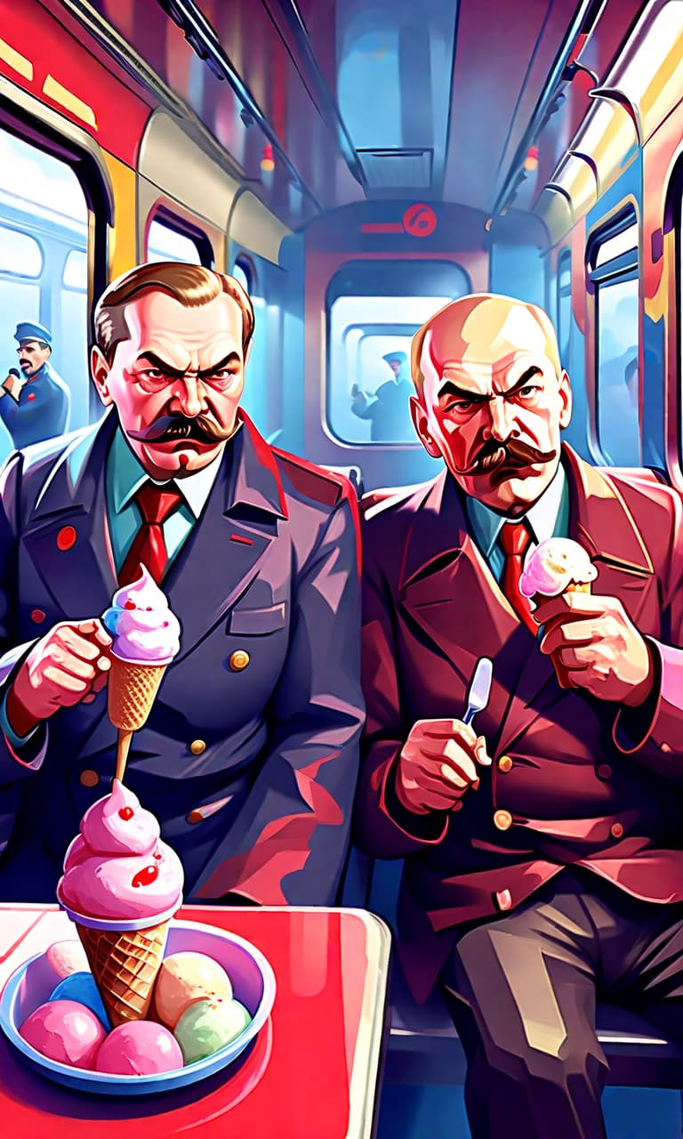  fighting game style stalin and vladimir ilyich lenin eat ice cream on the train. . dynamic, vibrant, action packed, detailed character design, reminiscent of fighting video games