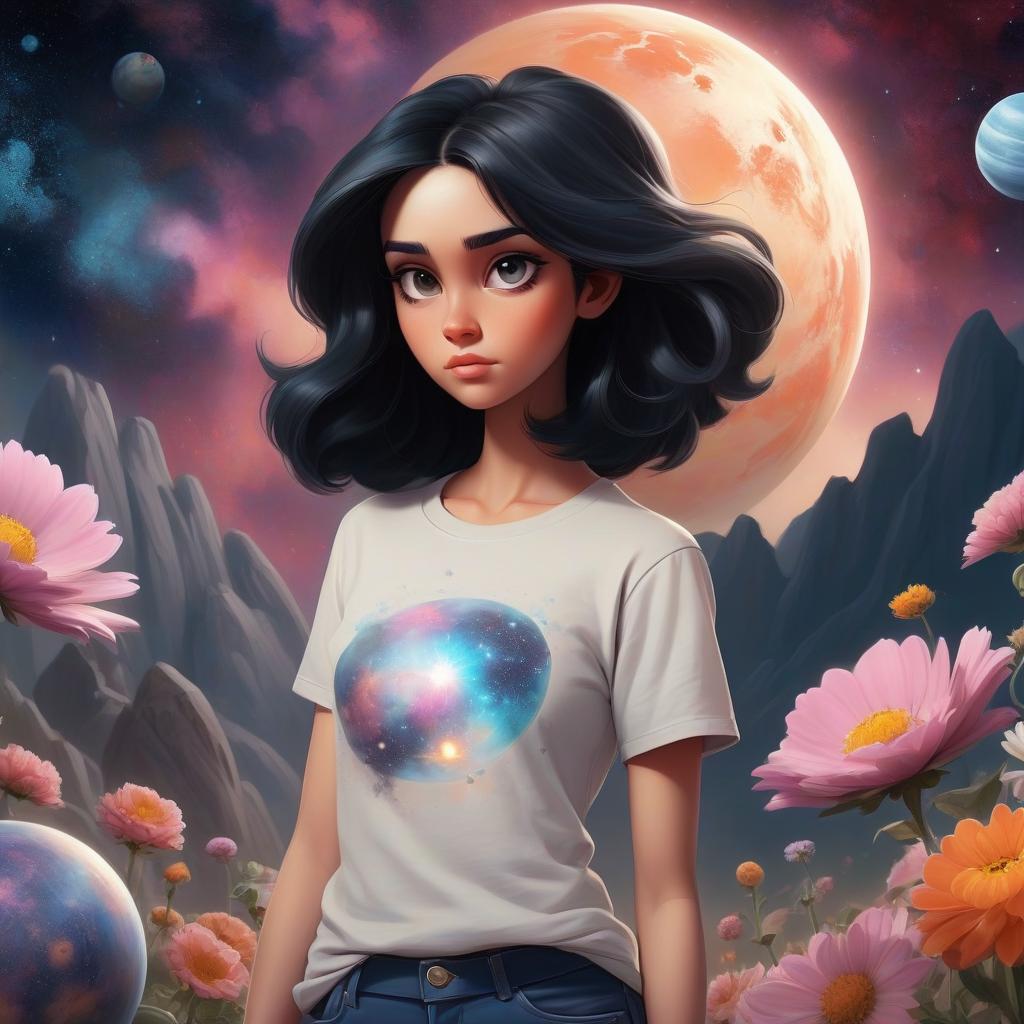  ethereal fantasy concept art of charming charismatic girl in jeans and a t shirt with black hair. she stands in full growth near a beautiful location and shoots videos for her blog on her phone camera. on the background of a cosmic theme with flowers planets stars galaxy and universe . magnificent, celestial, ethereal, painterly, epic, majestic, magical, fantasy art, cover art, dreamy