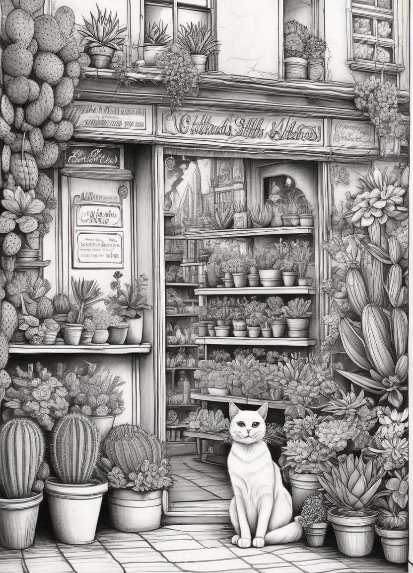  surrealist art image in (colouring style: 1,3), sticker, sticker. created with black lines on white background:: zentangle patterns, doodle. background: (cosy flower shop. shop windows. seller's counter. flowering cacti of different kinds). beautiful fluffy cat in the national dress of indians of north america sells flowers cactus. drawing with thin black marker on white background. elements of colour. good detail, good drawing, cartoon style, clear outlines, appealing. stylistics: mysticism, fairy tale, sci fi. in the manner of surrealist artists: vladimir pronkin, chris rignac, greg craola simkins. . dreamlike, mysterious, provocative, symbolic, intricate, detailed