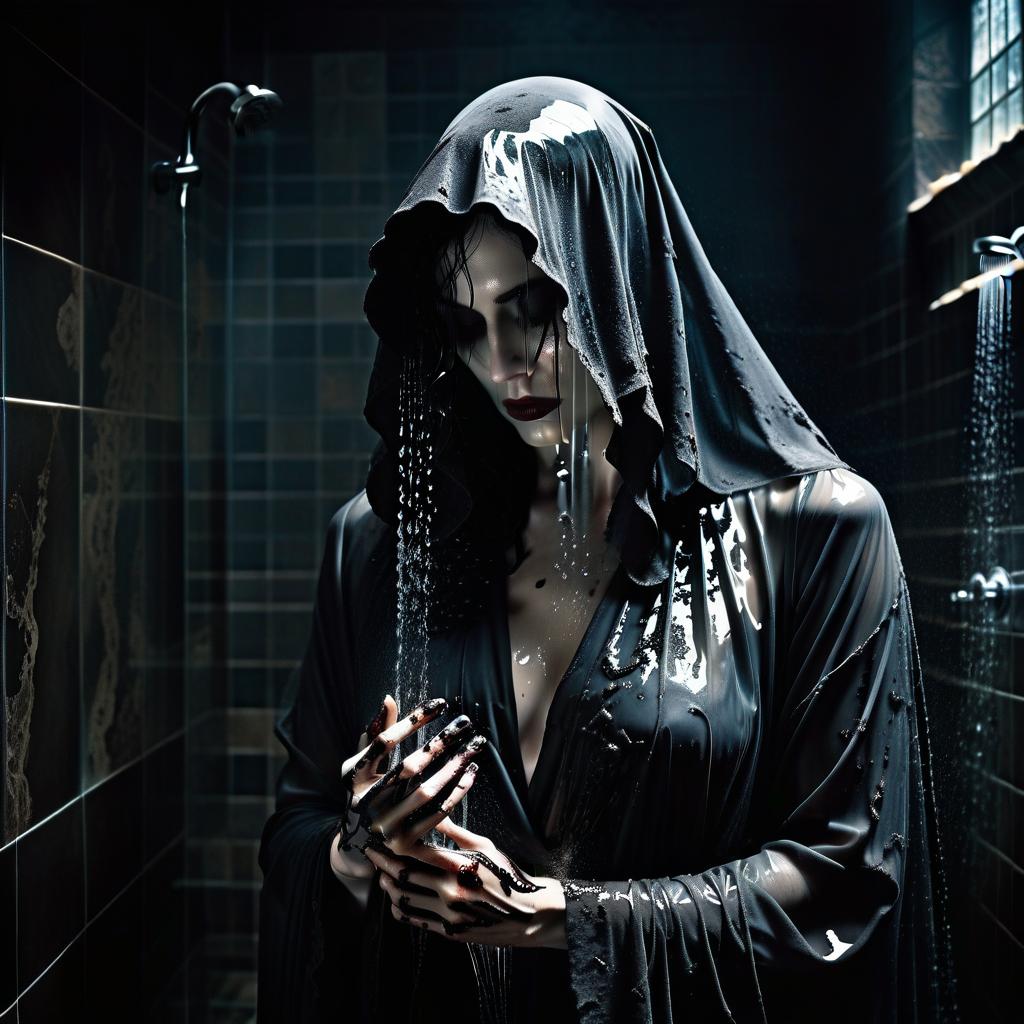  gothic style the removes a transparent torn robe, the takes a shower, the bent down to raise soap, there is no other clothes, the ’s body is visible through , the is placed in the frame. . dark, mysterious, haunting, dramatic, ornate, detailed, perfect hands, film photography style