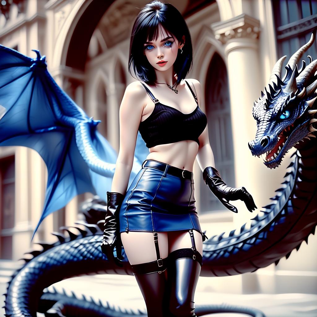  cinematic film still photorealism, beautiful slim woman, full length, blue eyes, black hair, open stomach, leather miniskirt, short leather gloves, stockings, leather garters, open arms, sitting on a dragon, drawing small details, photorealism, high quality. . shallow depth of field, vignette, highly detailed, high budget, bokeh, cinemascope, moody, epic, gorgeous, film grain, grainy, perfecteyes, hkmagic