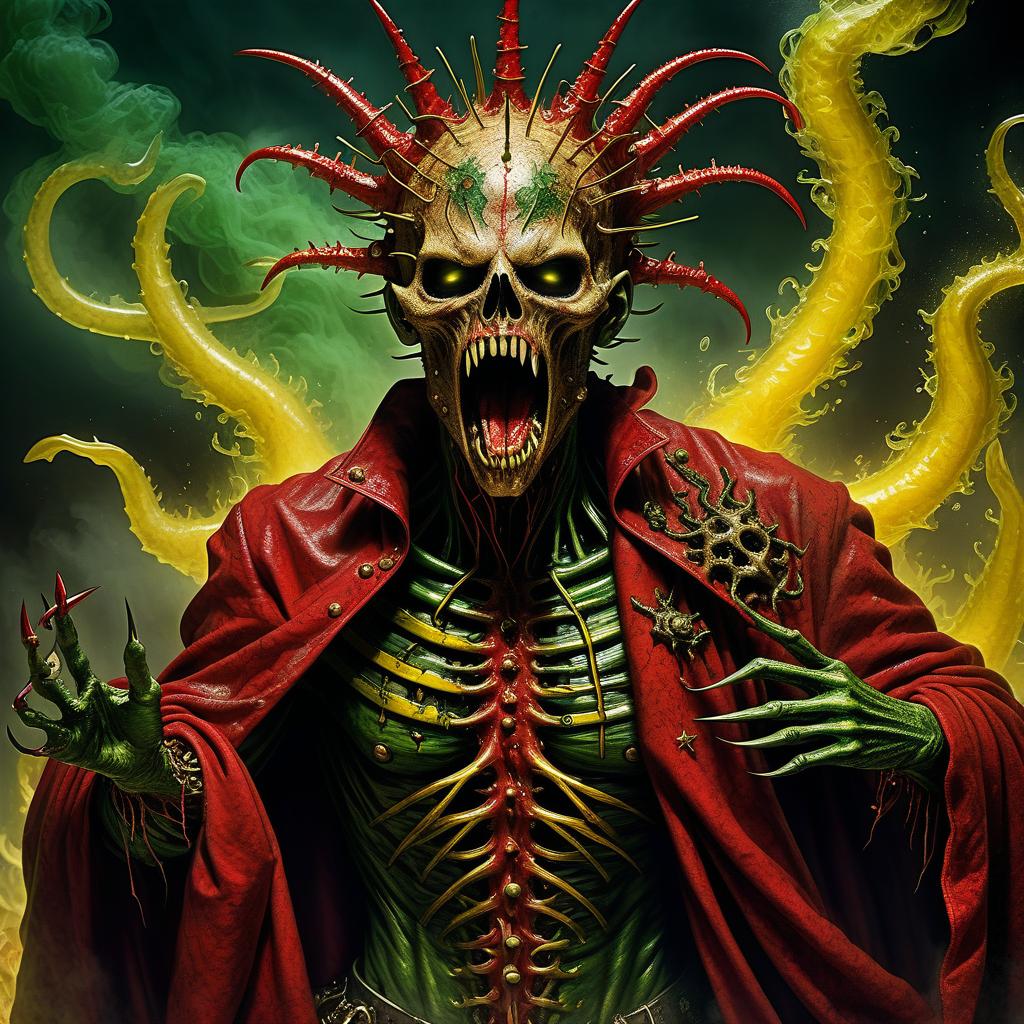  nautical themed demon hellraiser bloodsucker pretends to be a saint wrapped in a red blanket of wounds strewn with spines of blades mucus in yellow and green smoke fire and sparks of tentacle ring claws scream and horror . sea, ocean, ships, maritime, beach, marine life, highly detailed