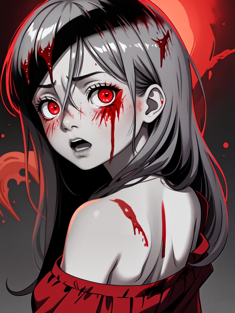  (gray skim zombie girl)、((bloody expressionless face:1.4))、((looking back:1.3、fron behind:1.2、head tilt:1.2))、((blood flows from the eyes:1.3))、glowing red eyes、bare shoulder、open mouth、best quality:1.4、masterpiece:1.4、ultra detailed texture、raw photorealistic、absurd resolution、8k illustration、💩、💩、💩、💩、💩、