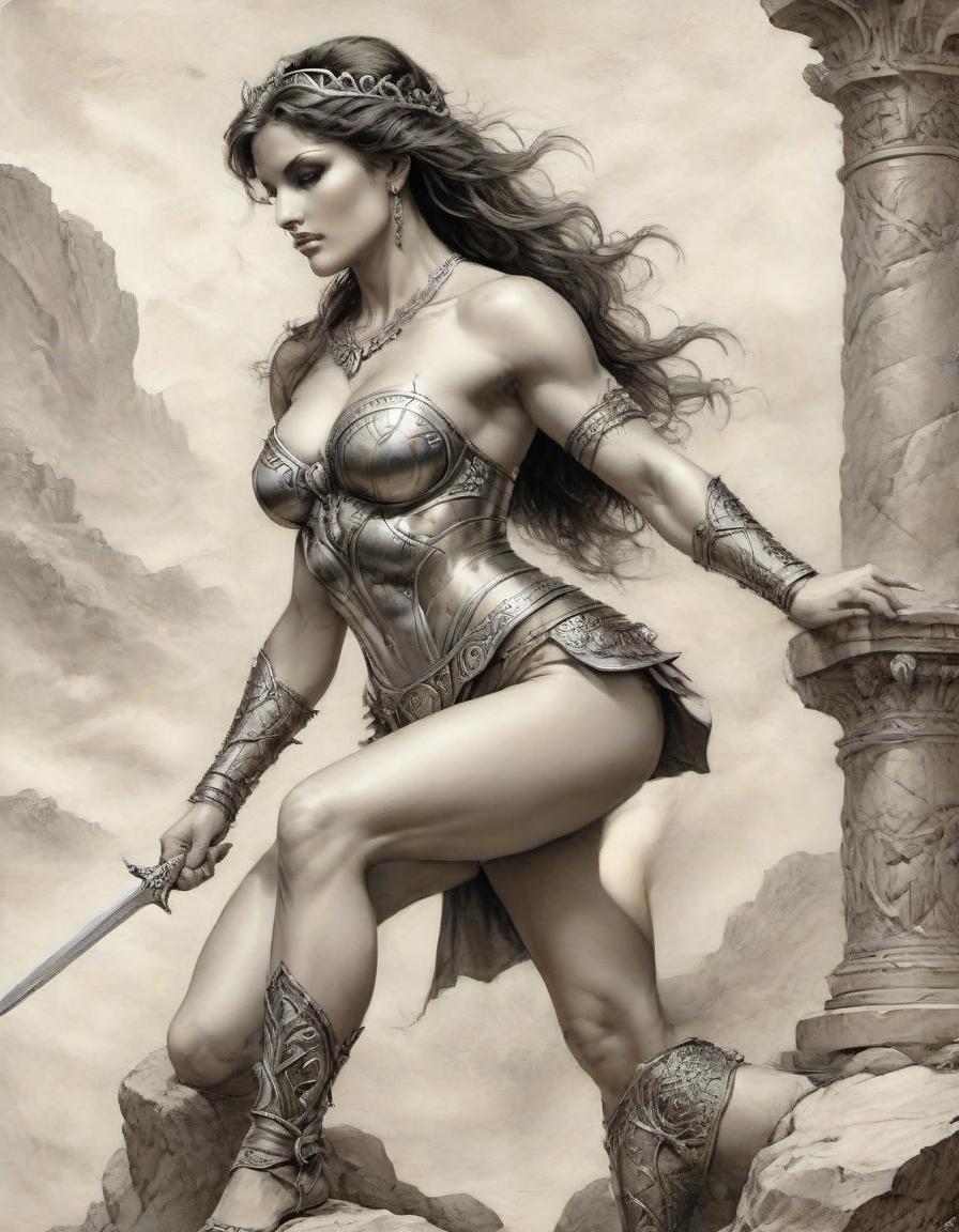  hyperrealistic art picture, professional, realistic drawing in the style of boris vallejo, julia bell, masterpiece, work of art; athletic, sitting on a stone ancient greek amazon in armor, muscular abdominal press, gracefully curved back, convex, elastic buttocks, muscular shins. mysticism, fantasy, the background is stylized as art nouveau, atmospheric, filigree, ideal detailing of the image, the highest quality, many details, fine drawing, attention to detail. professional drawing in the style of boris vallejo, julia bell, masterpiece, work of art . extremely high resolution details, photographic, realism pushed to extreme, fine texture, incredibly lifelike, on parchment, oil painting