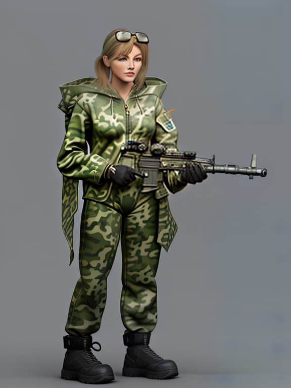  please make detailed render of women in camouflage suit