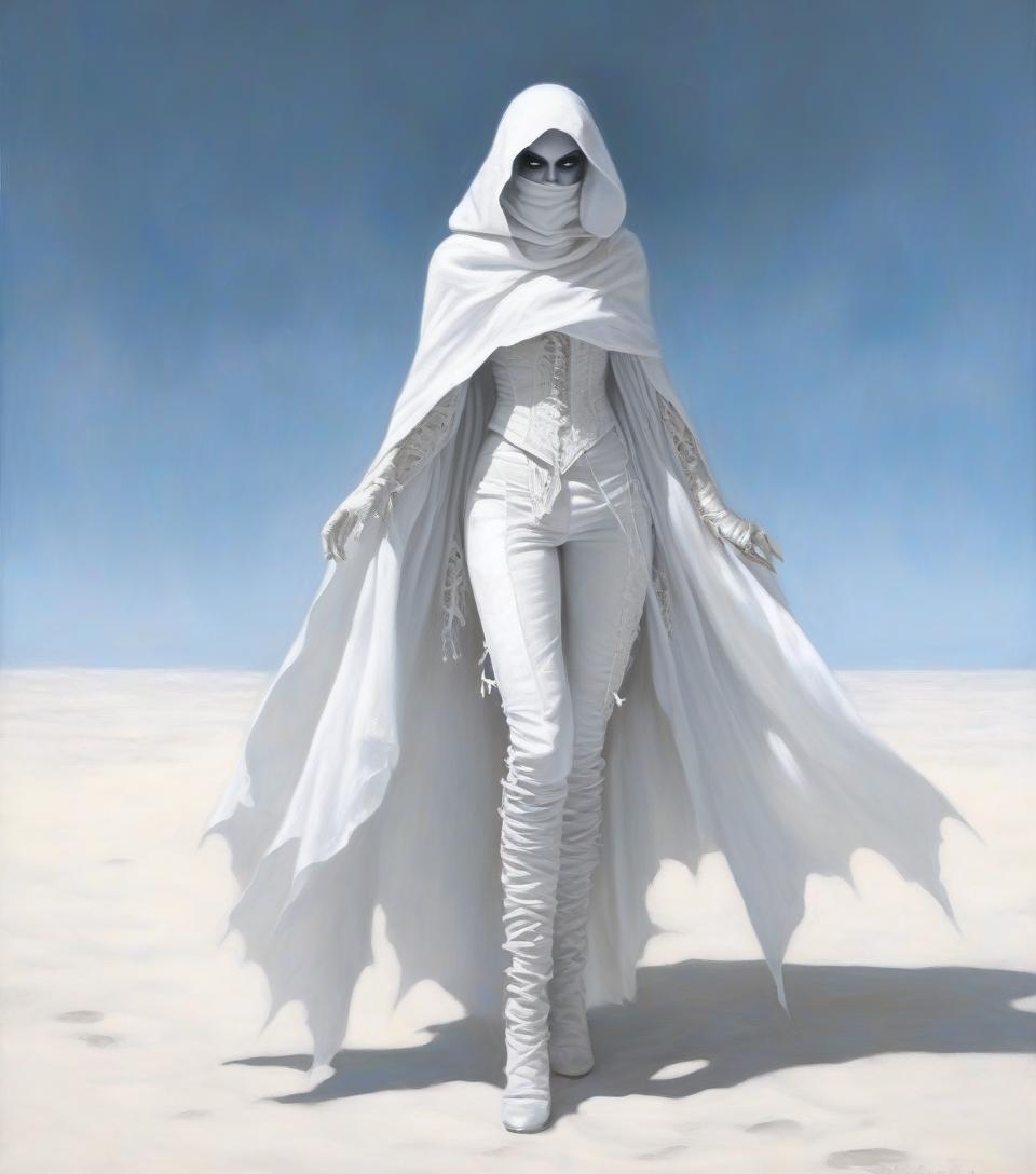  macabre style dark fantasy. a very thin girl elf in a white scarf on her face, in a leather white openwork corset, in leather pants, in white wrists, in white gloves, in a leaky openwork cloak. . dark, gothic, grim, haunting, highly detailed, hkmagic, oil painting