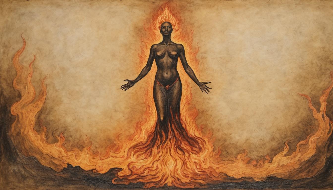  on parchment, surrealism++, a figure standing in flames, embers glowing, internal fire, resilience, transformation(mysterious, provocative, symbolic)++