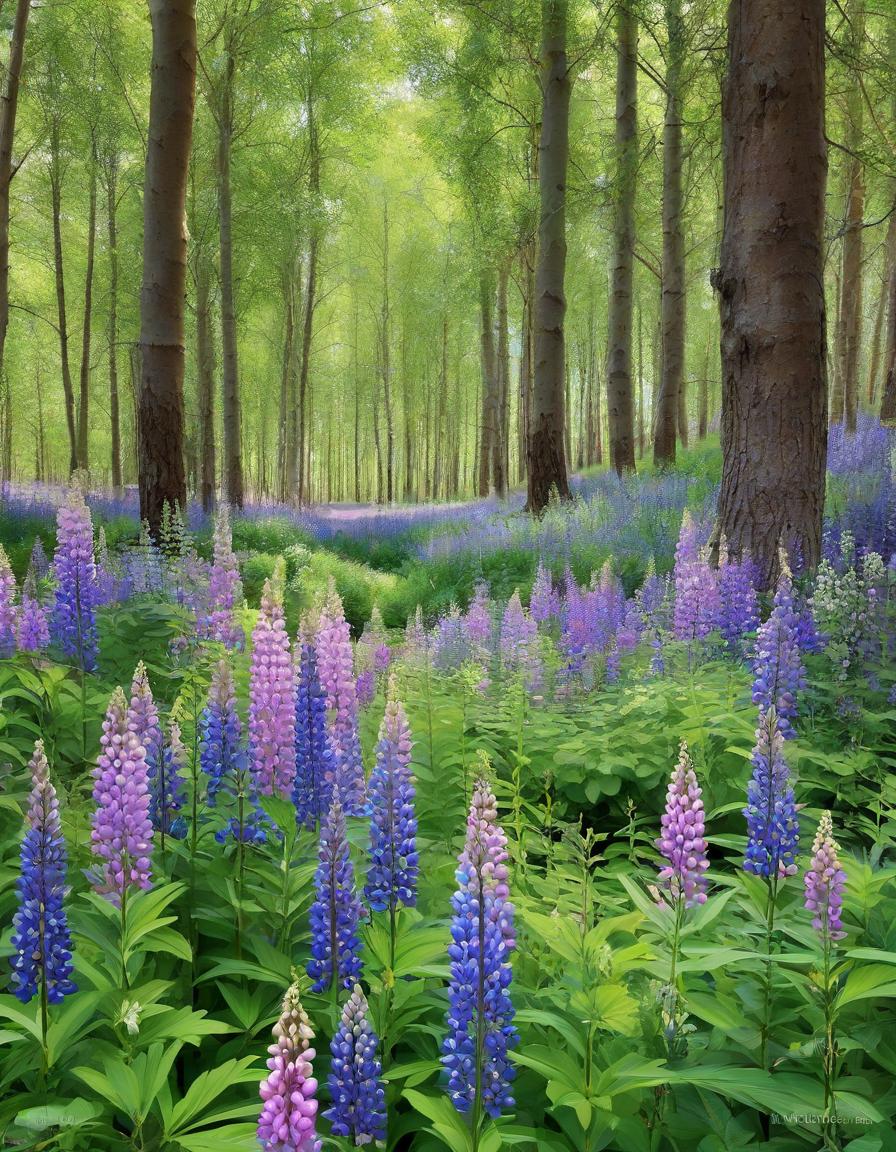  summer landscape, birch grove, lupins, forest flowers, inspired by william holman hunt