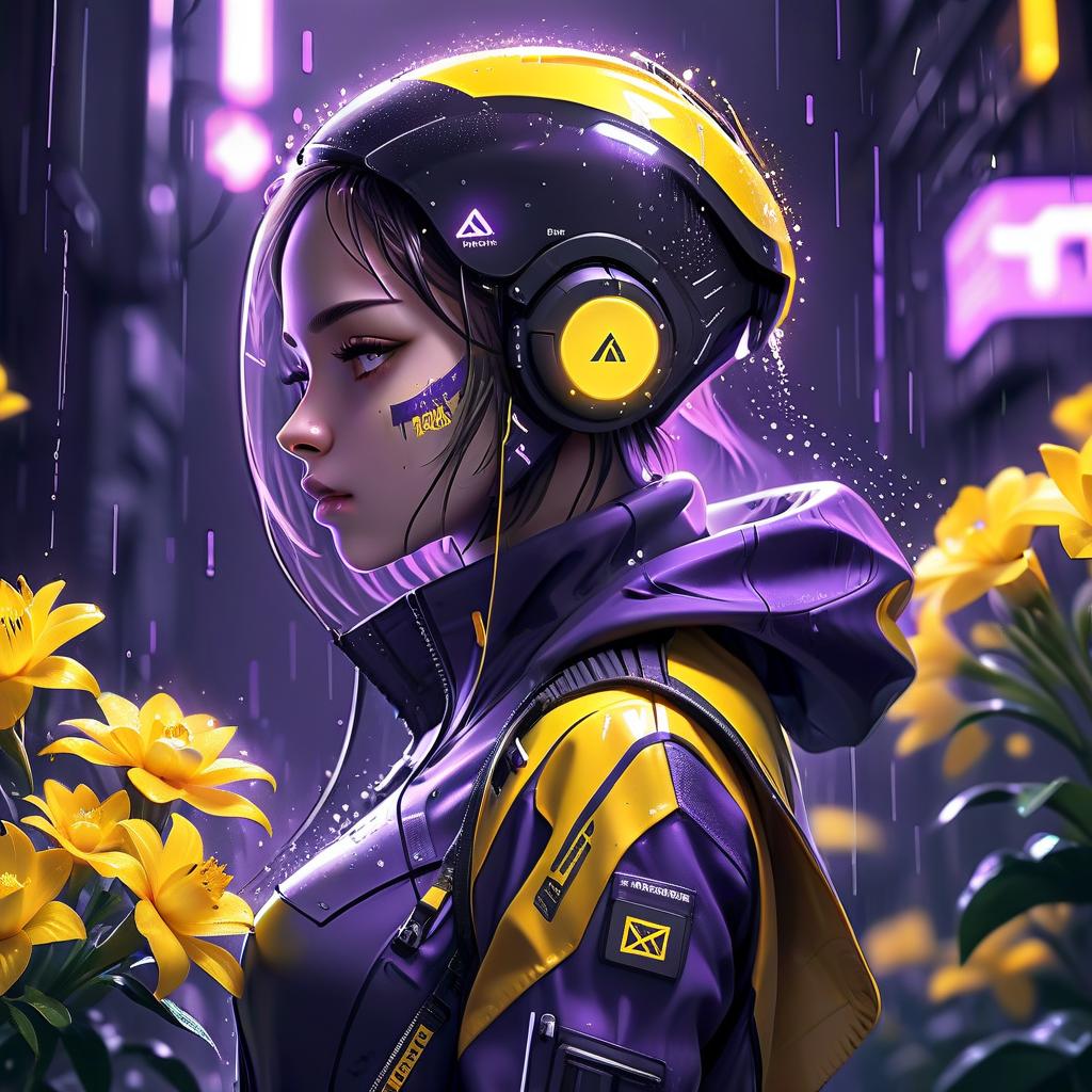  techwear fashion logo, motivation, rain, yellow flowers, purple, white . futuristic, cyberpunk, urban, tactical, sleek, dark, highly detailed, glowneon, logo