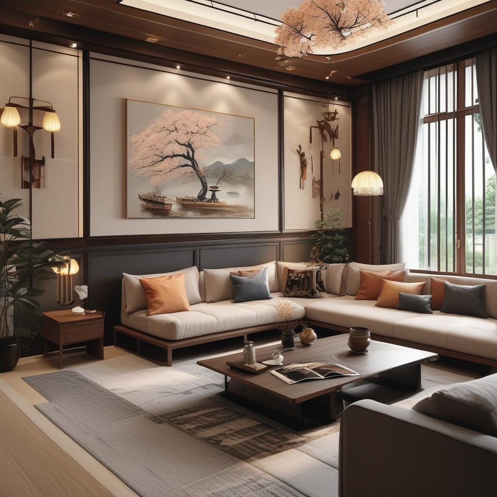  masterpiece, best quality,Japanese style living room with detailed interior decoration drawings 30 by 40 ,