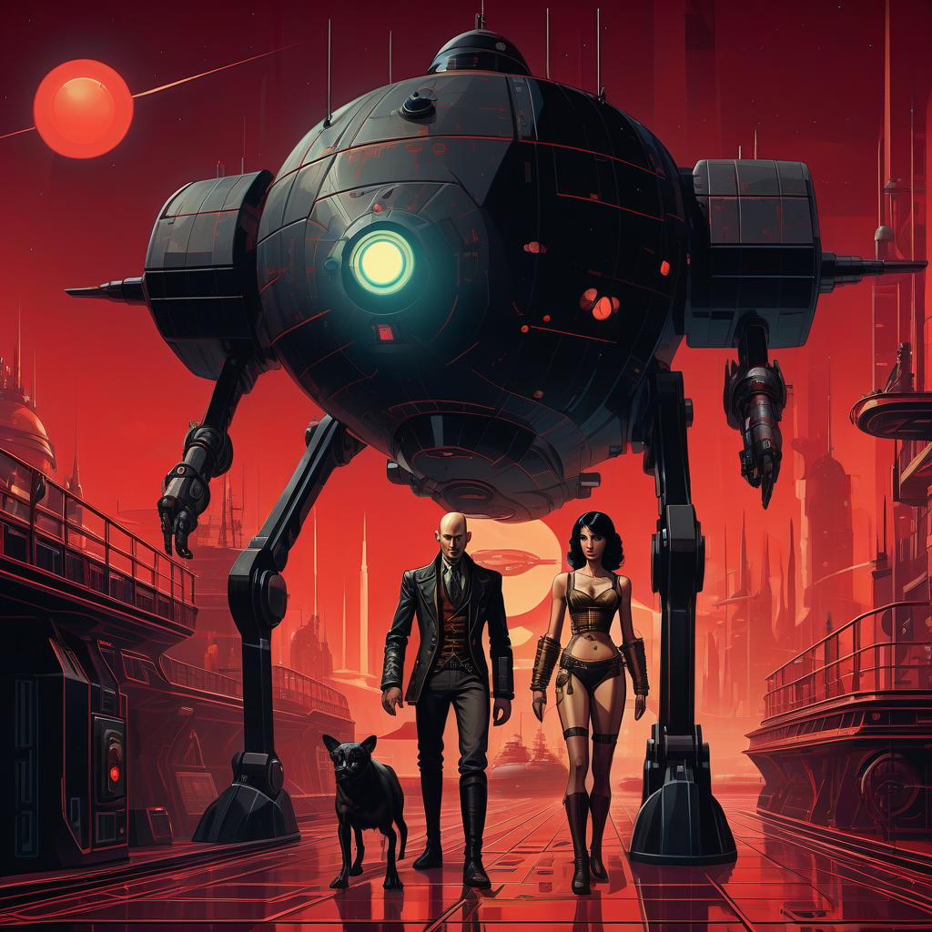  retro game art a group of smugglers, a young , 20 year, medium sized s, elegant thin waist, long slender legs, black hair. a man with a , 40 year, small growth, bald, black. next to the droid and minotaur. full length image, steampunk, dieselpunk, paropunk, standing on the deck of a futuristic ship, against a background of red light. . 16 bit, vint colors, pixelated, nostalgic, charming, fun