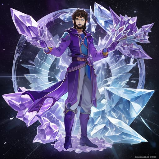  the protector of the universe is a young man of lean build, with a small beard and a short haircut, purple eyes. on a crystal spaceship.