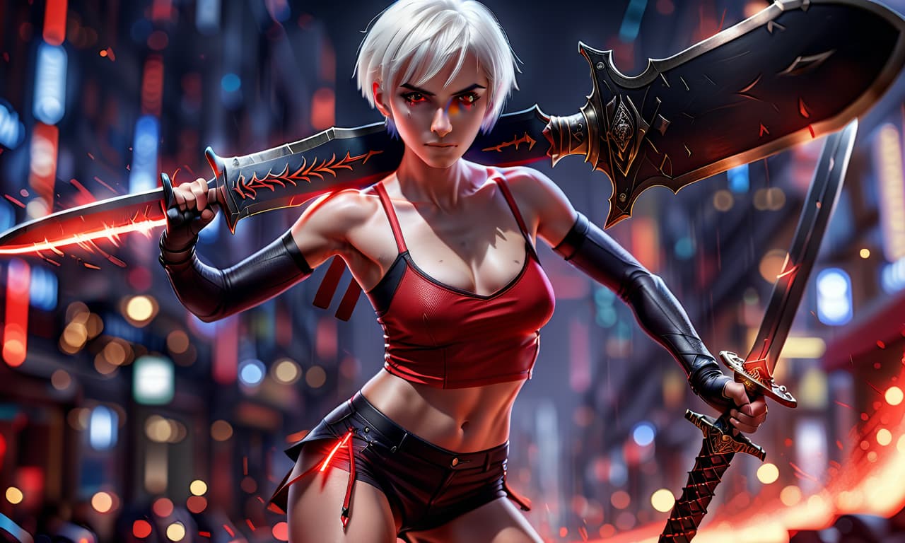  cinematic photo girl, behind a sword, short haircut, white hair, athletic build, red top, short black shorts. . 35mm photograph, film, bokeh, professional, 4k, highly detailed, perfecteyes, glowneon