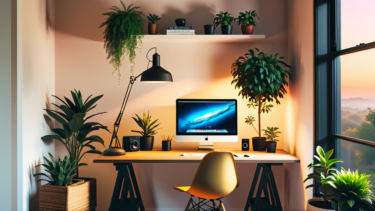  a dynamic home office scene featuring a sleek standing desk, ergonomic chair, vibrant plants, organized stationery, a minimalist wall clock, warm lighting, and a cozy reading nook, all designed to inspire productivity and comfort. hyperrealistic, full body, detailed clothing, highly detailed, cinematic lighting, stunningly beautiful, intricate, sharp focus, f/1. 8, 85mm, (centered image composition), (professionally color graded), ((bright soft diffused light)), volumetric fog, trending on instagram, trending on tumblr, HDR 4K, 8K