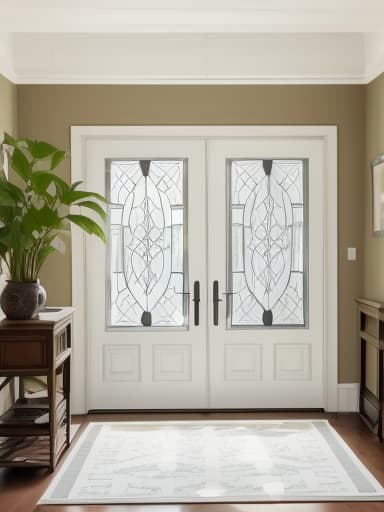  foyer, describe, your, dream, vacation. the room depicted in the image exhibits a minimalist and contemporary living room theme, emphasizing clean lines and neutral tones. contemporary minimalist living room with a white sectional sofa, wooden accent chairs, geometric rug, and large leaf artwork. minimalist, contemporary, living room, white sectional sofa, wooden accent chairs, geometric rug, large leaf artwork main entrance door and trim in wood color with clear glass, number