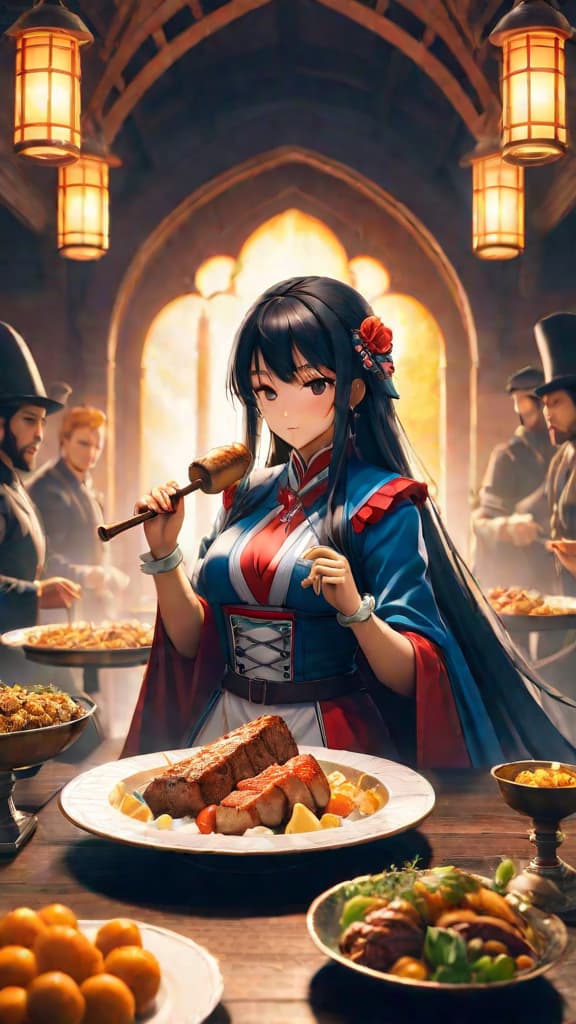  anime art: a character demonstrating vitality through devouring a feast before an epic battle. hyperrealistic, full body, detailed clothing, highly detailed, cinematic lighting, stunningly beautiful, intricate, sharp focus, f/1. 8, 85mm, (centered image composition), (professionally color graded), ((bright soft diffused light)), volumetric fog, trending on instagram, trending on tumblr, HDR 4K, 8K