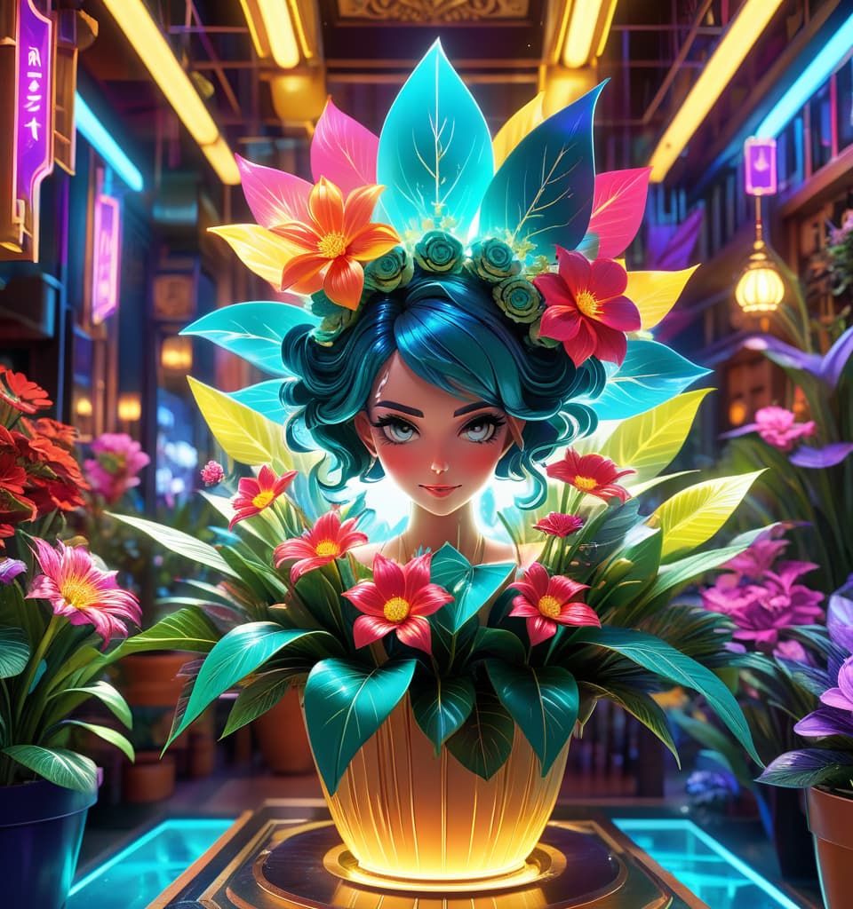  art deco style a bizarre and magical illustration of a flower with a humanoid face growing in a flower pot surrounded by bright flowers and plants. a flower shop, a seller in the form of an extravagant woman in a straw hat decorated with a magnificent scattering of flowers. tadahiro uesugi's concept art, intricate details, fantasy elements, soft lighting. . geometric shapes, bold colors, luxurious, elegant, decorative, symmetrical, ornate, detailed, hkmagic, glowneon