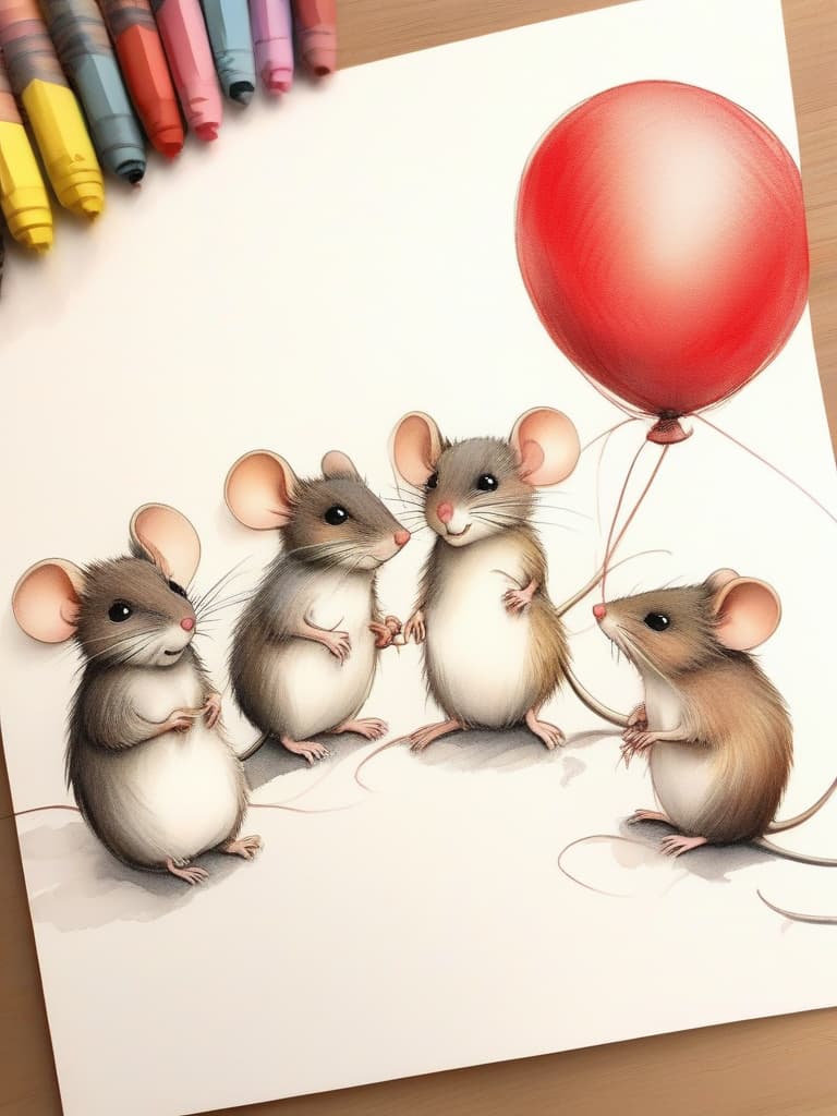  a masterpiece,(((3 little mice))),{next to ((a big red balloon 🎈))},a letter tied to the end of the balloon string,acorns,smiles,good friends,fairy tale style,crayon drawing,gentle colors,delicate,detailed,