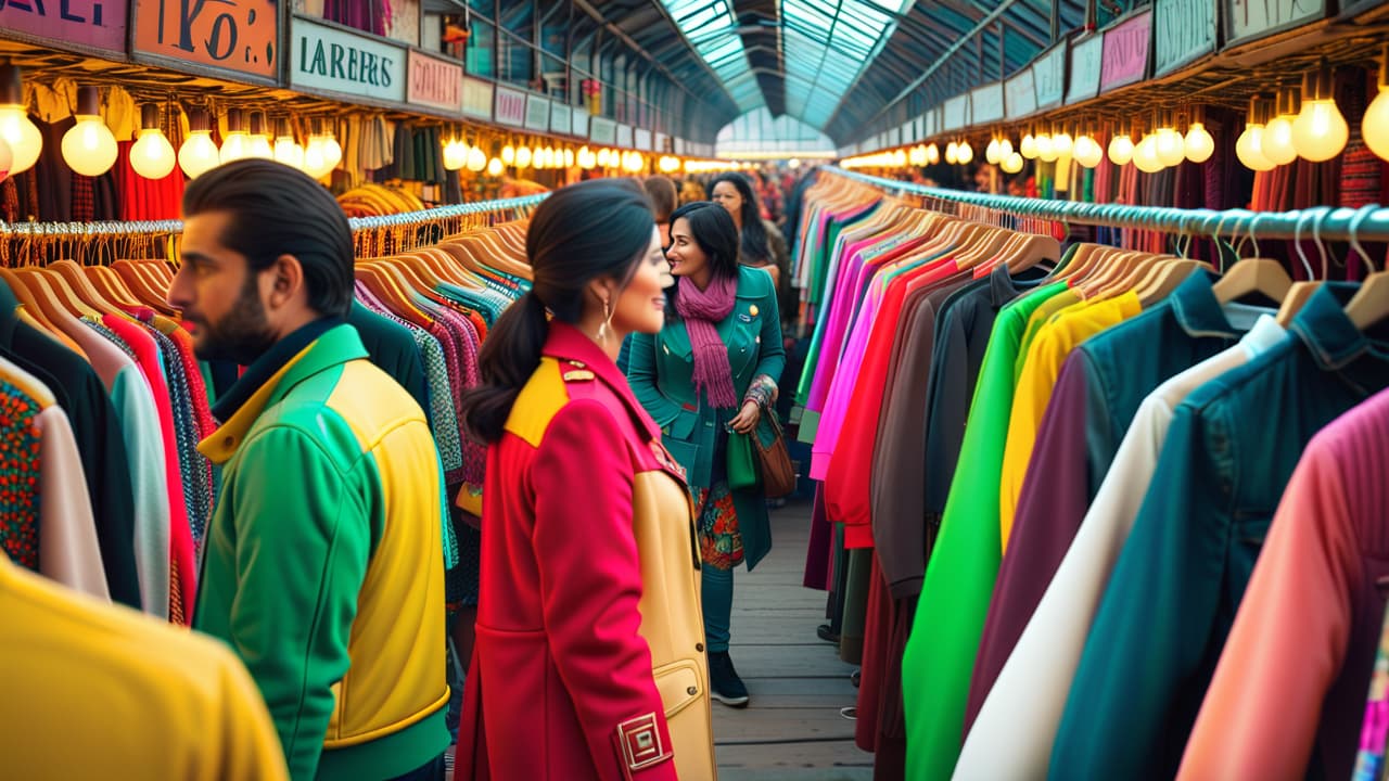  a vibrant marketplace scene filled with colorful stalls showcasing upcycled clothing items, including patchwork jackets, embellished jeans, and eco friendly accessories, surrounded by enthusiastic shoppers exploring unique fashion treasures. hyperrealistic, full body, detailed clothing, highly detailed, cinematic lighting, stunningly beautiful, intricate, sharp focus, f/1. 8, 85mm, (centered image composition), (professionally color graded), ((bright soft diffused light)), volumetric fog, trending on instagram, trending on tumblr, HDR 4K, 8K