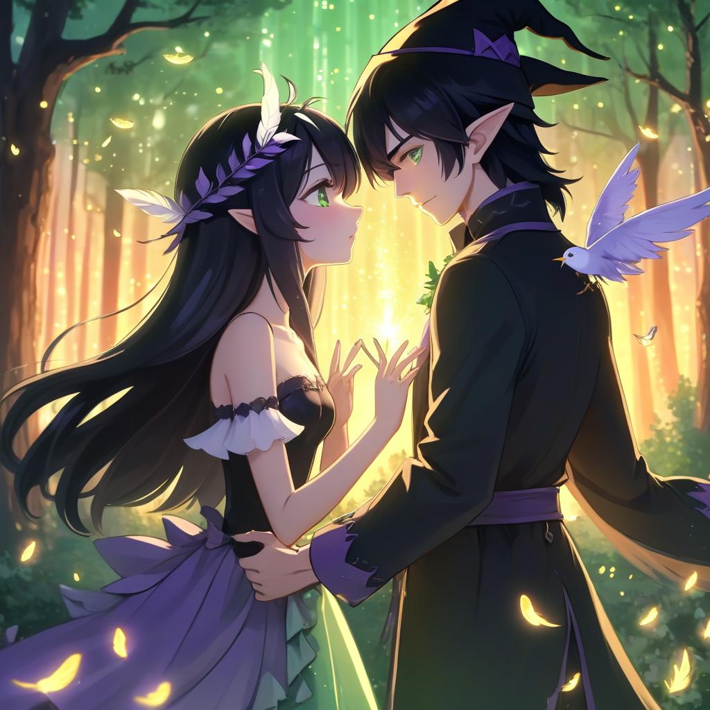  anime 4k, a witch girl with black hair in a black dress and a hat with white feathers and a male elf in light green clothes, a sunset in the forest with lavender and fireflies, romance, kiss, anime, fiction, 4k, love, fairy tale, magic