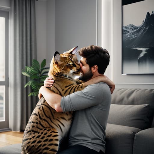  a big cat hugs a cute girl in the living room,pokemon hyperrealistic, full body, detailed clothing, highly detailed, cinematic lighting, stunningly beautiful, intricate, sharp focus, f/1. 8, 85mm, (centered image composition), (professionally color graded), ((bright soft diffused light)), volumetric fog, trending on instagram, trending on tumblr, HDR 4K, 8K