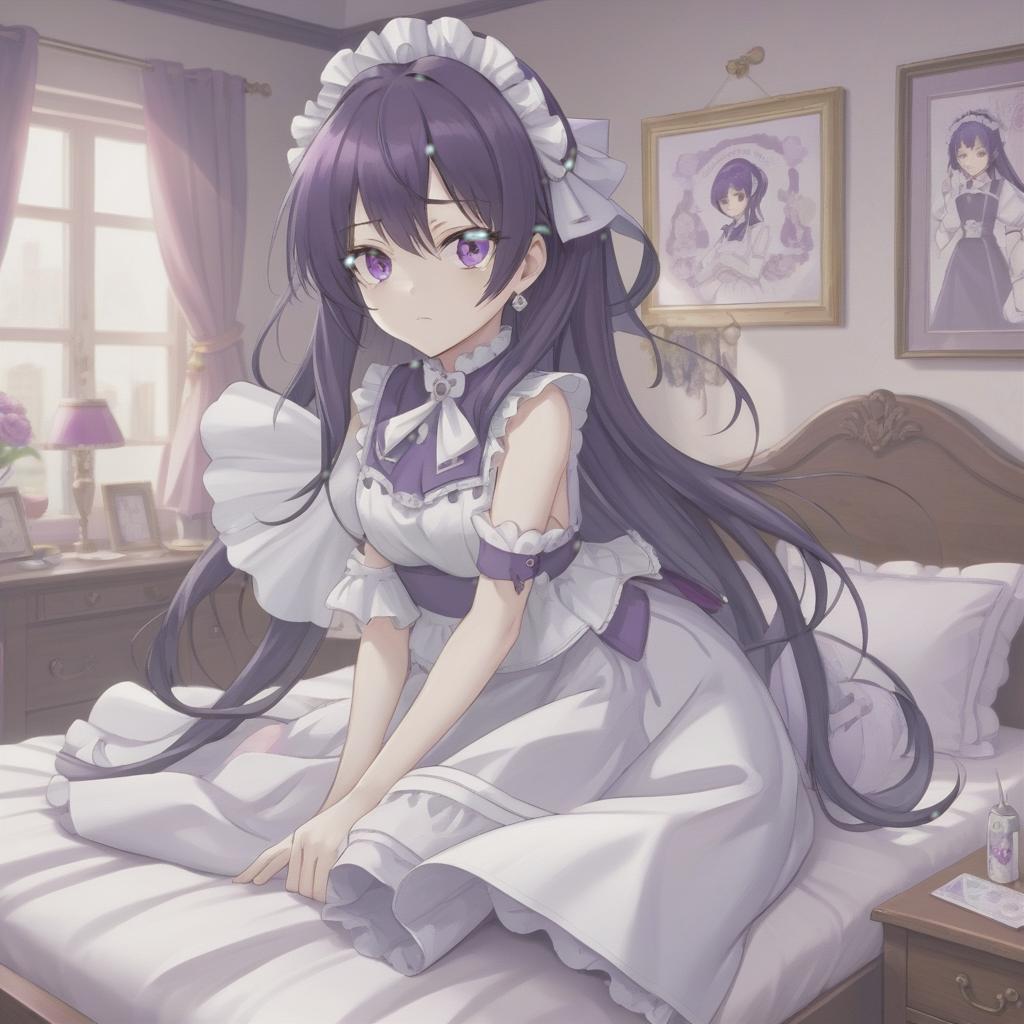  anime artwork , 20 year, dark purple hair, hair folded into a bundle, purple eyes, open maid's outfit, cutout on the , small silver earrings, bedroom . anime style, key visual, vint, studio anime, highly detailed