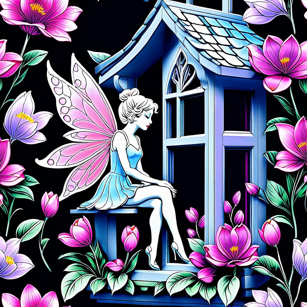  advertising poster style ((flower fairy shop1,5) ((a small house with a tiled roof and carved windows surrounded by flowers of scarlet, pink, crocus)) . ((in the bud of a blossoming flower sits an enchanting fairy and invites customers into her shop. (1.5 fine, fine fractal glitter bright petal line ink sketch on black background, (pixie petal silhouette 1.3), bud outline outline, bud outline, pixie fairy leaves with wings. (flower colour):alo pink, white pink, pearl blue, pearl blue, snow white) . (style):fantasy, art design, provence, advertising, window display, (colours):soft pink, light lavender, white, soft green, all pastel shades. . professional, modern, product focused, commercial, eye catching, highly detailed