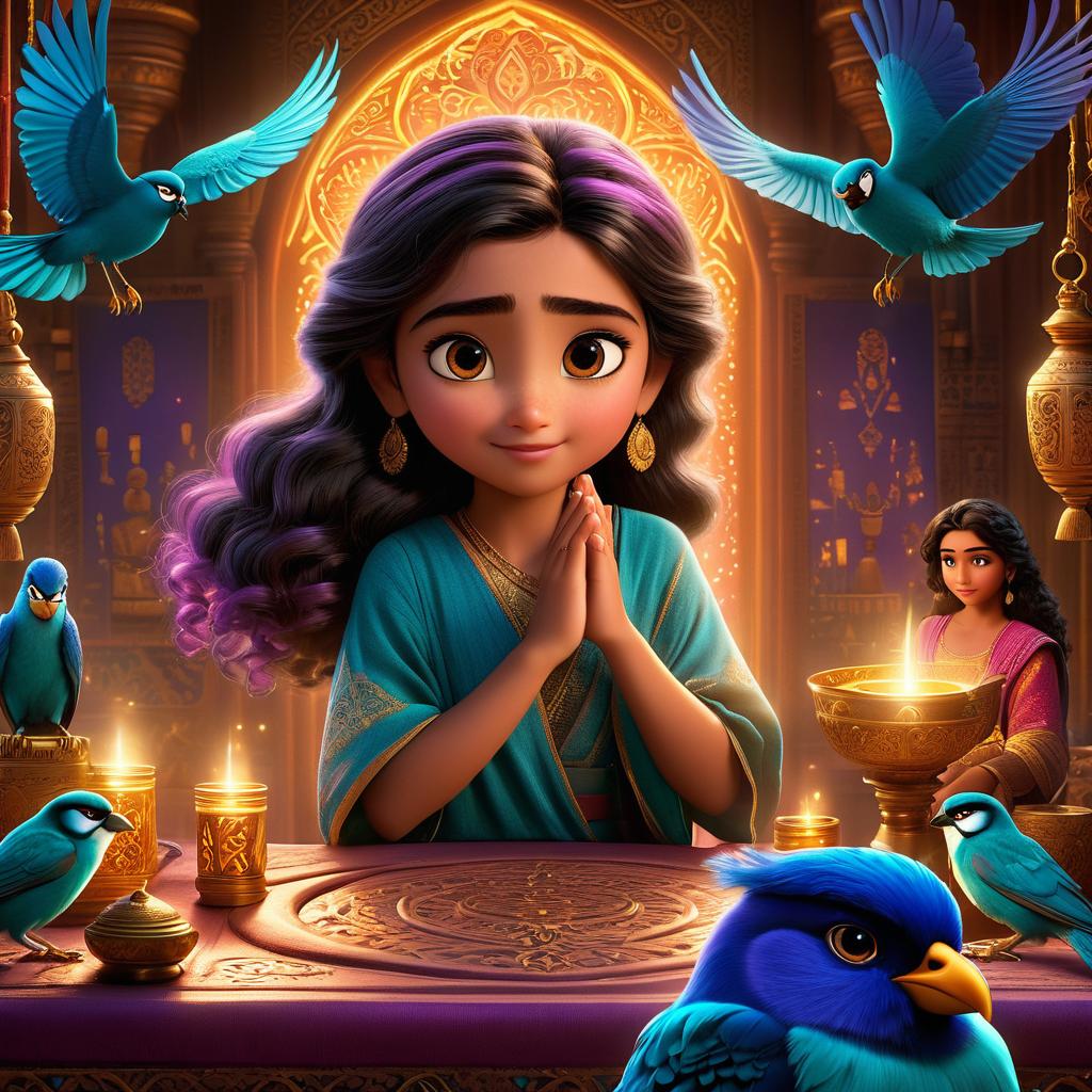  in 3d animated movie style. disney pixar style. in high resolution pixar 3d animated film style. laila, 10 , a young with a curious and determined expression, showcasing her unique abilities with a soft glow on her hands. in a mystical room with persian decor emitting warm, soft light from laila's hands, creating a magical ambiance. main colors are rich purple, gold, and teal. camera depicts a slightly elevated bird's eye view centered on laila, surrounded by diverse mystical advisors, subjects, and loyal friends in awe.