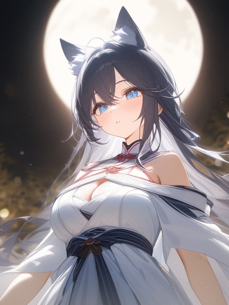  blond, blue eyes, night, big moon, shrine maiden, wolf ears, up, masterpiece, best quality,8k,ultra detailed,high resolution,an extremely delicate and beautiful,hyper detail