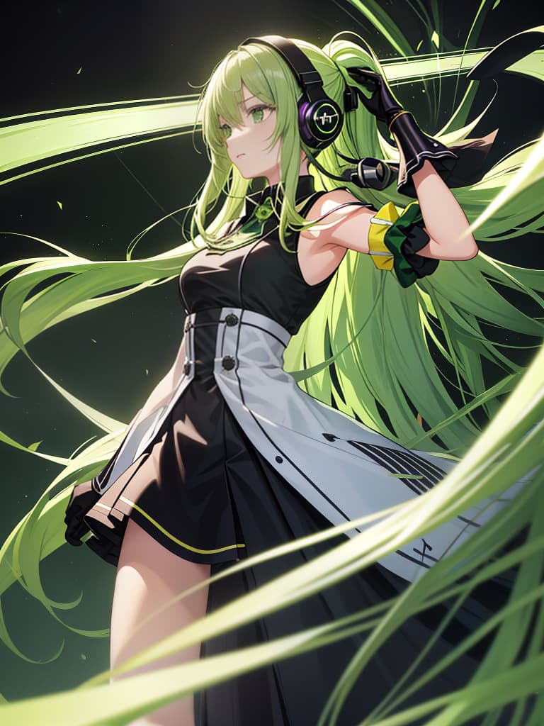  (masterpiece:0.9),best quality,(illustration,official art:1.1),hyper detail,1girl,solo,(green long hair:1.45),dynamic angle,(music note:1.25),(cinematic lighting,stray light),solid,[(partially [[green:purple:0.2]:green:0.35] barrage of notes:1.2):0.1],headphone,[(black background:1.25)::0.2],(elegant wallpaper:1.3),hdr,<lora:add detail:0.5> <lora:silicon landscape isolation:0.75> <lora:gloss tweaker v2: 0.6>