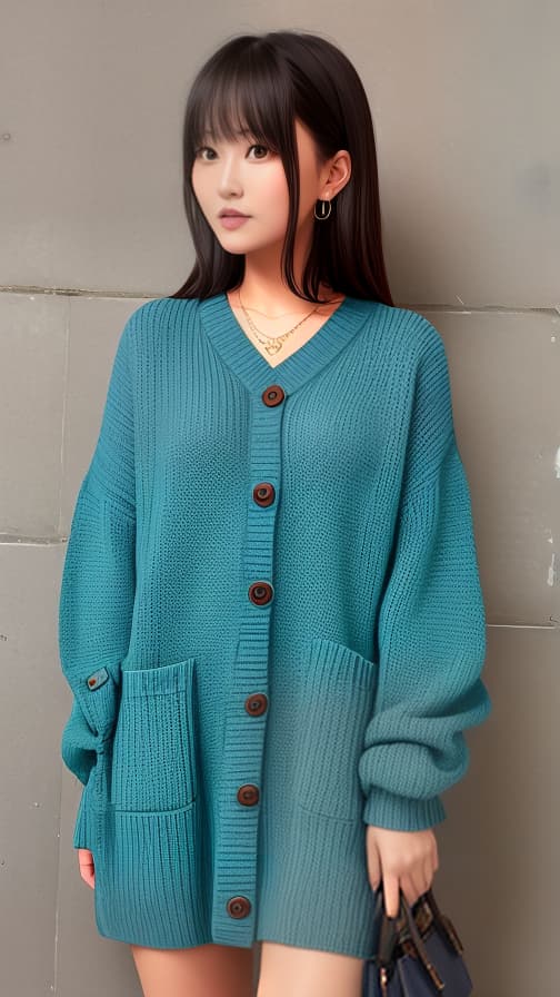  Room V sweater with dark blue-green buttons Brown hair semi-straight long woman with tears