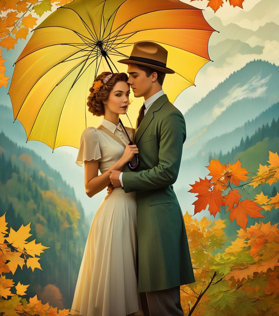  art nouveau style (in the style of vintage photography, multi layered exposure:1.4), depicting (two lovers under an umbrella:1.3) with a surreal image of green, yellow, purple, orange maple leaves on the background of an umbrella by (layering of the composition:1.5). in the hand of a refined, modest girl with an elegant figure (an original bouquet of maple leaves:1.5) and twigs (with clusters of ripe mountain ash:1.5). (the young man gently holds an umbrella:1.6) over a confused companion. cozy warm striped (scarf). a lively illustration with bright accents of autumn, inspired by the works of thomas kincaid and bob ross, conveys the warmth and beauty of autumn with its bright colors and intricate details. soft lighting, (romantic atmosphere