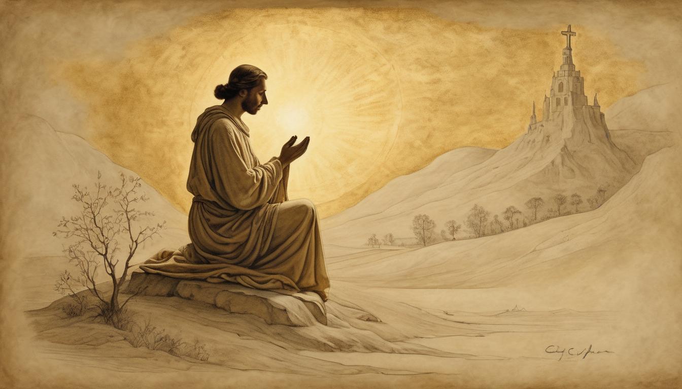  on parchment, surrealism++, golden light streaming down, figure in prayerful posture, quiet stillness, divine connection(mysterious, provocative, symbolic)++