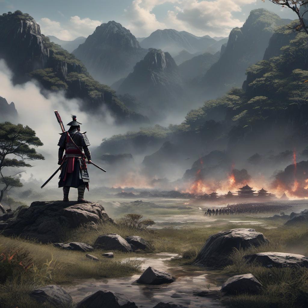  a samurai warrior standing in a battlefield that he is the only survivor , profile image style