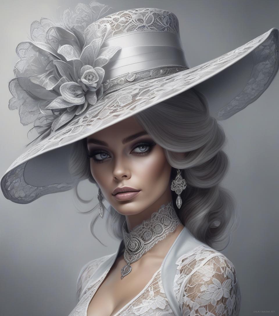  concept art a woman wearing luxurious silver tatted lace hat with large brims in the style of liam sharp, dutch tradition, webcam, gail simone, mark seliger . digital artwork, illustrative, painterly, matte painting, highly detailed