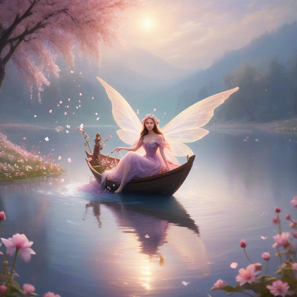  ethereal fantasy concept art of a miniature fairy tale girl inch rides in the blossom of a flower on the lake. . magnificent, celestial, ethereal, painterly, epic, majestic, magical, fantasy art, cover art, dreamy