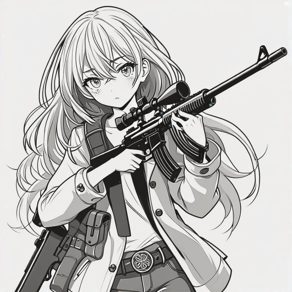  line art drawing irish girl with rifle, same nightmare. anime style . professional, sleek, modern, minimalist, graphic, line art, vector graphics