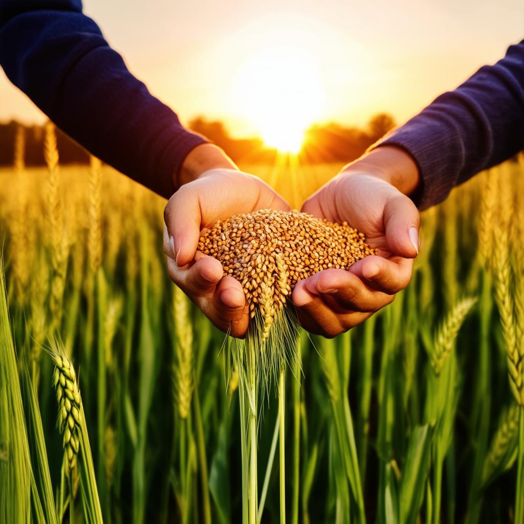  amazing high resolution photos сlose up of hands holding fresh wheat grains against sunset in a field {prompt}, maximum details