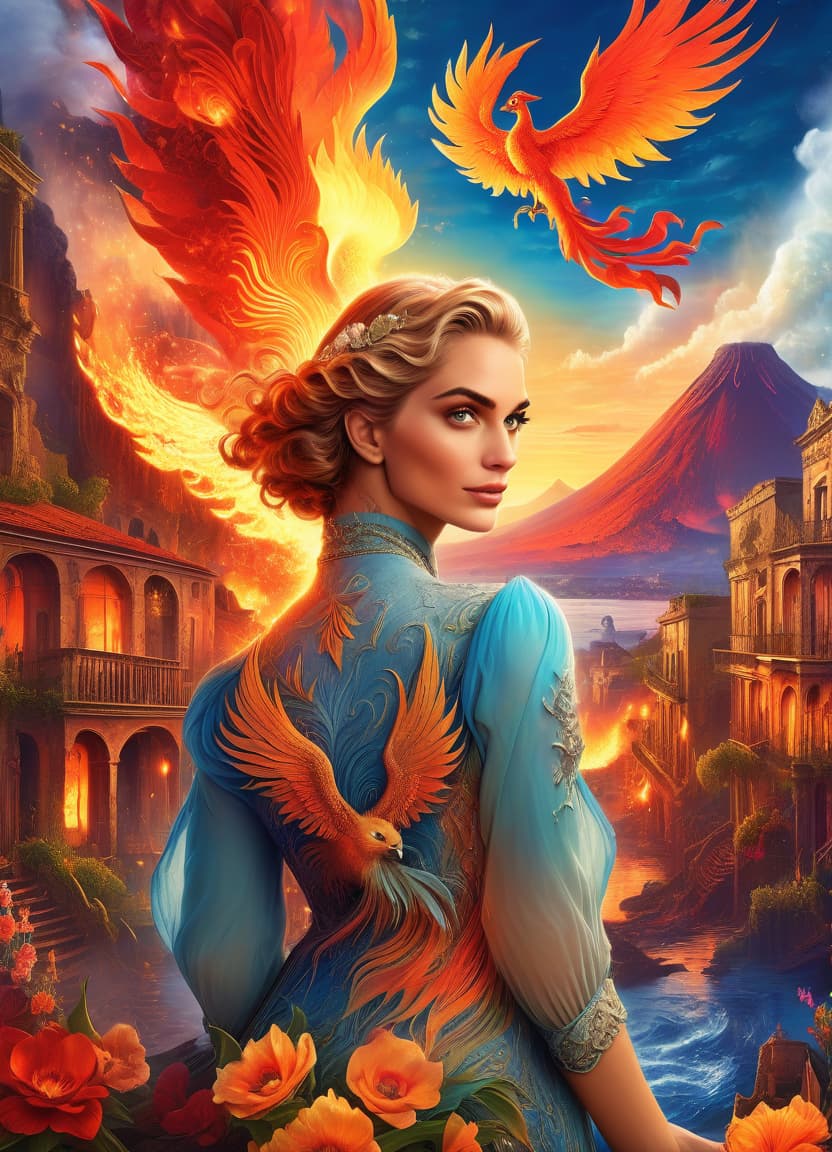  concept art (digital image, double exposure, masterpiece:1.3). (a beautiful girl in the image of a phoenix in vintage clothes, magnificent wings behind her back, expressive beautiful eyes, a look at the viewer:1.6). red ((fiery rivers of lava)), small rounded houses with pointed roofs. (background: eruption of vesuvius:1.4). a fascinating sight, (flowers from the flames:1.4), bright accents. revival. (in the style of josephine wall:1.5). high detail, realistic fantasy, 1024k resolution, hdr. . digital artwork, illustrative, painterly, matte painting, highly detailed, glowneon, hkmagic