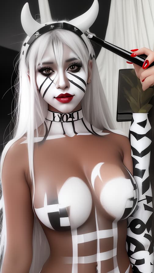  Chessboard check body paint in every corner of the body, white body paint all over the body, white face paint on the face, succubus 女性